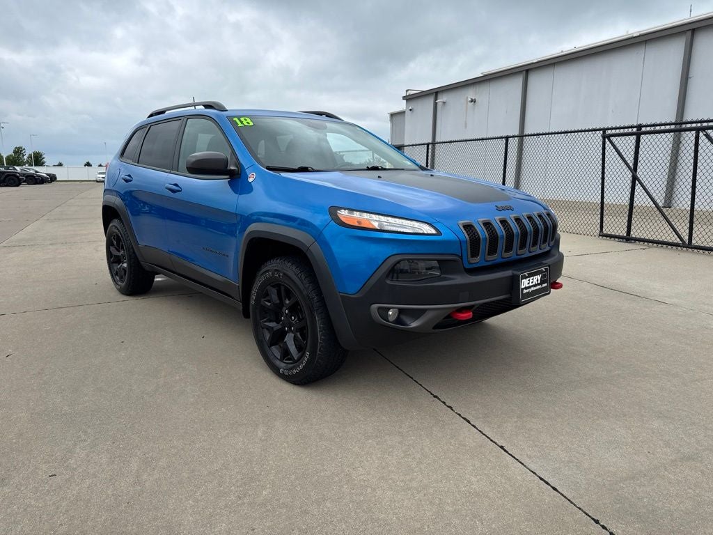 2018 Jeep Cherokee Trailhawk in Hydro Blue Pearlcoat — front three-quarter view