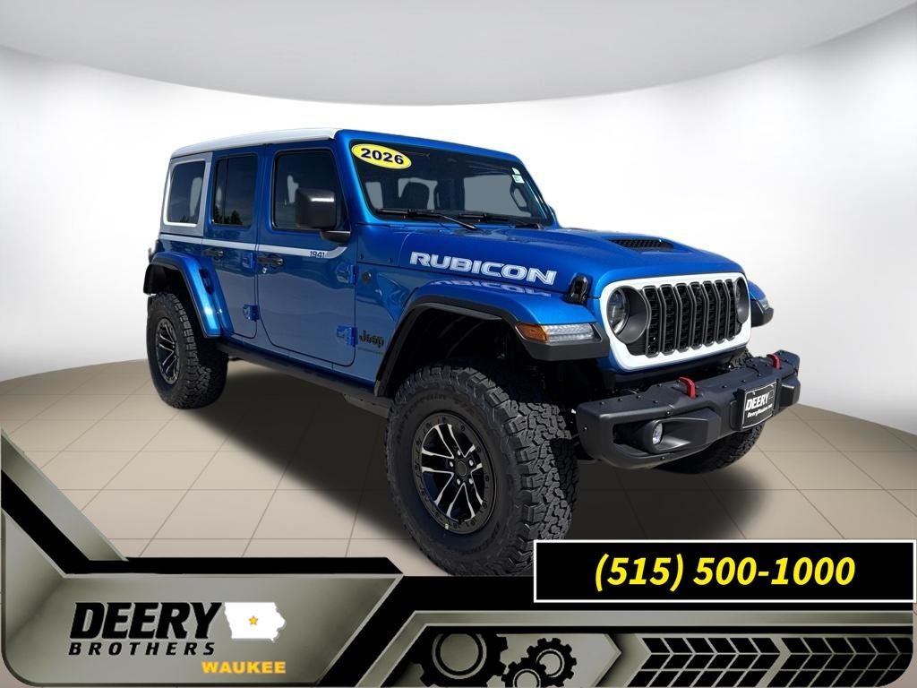 2026 Jeep Wrangler WRANGLER 4-DOOR RUBICON X in Hydro Blue Pearl-Coat Exterior Paint — front three-quarter view