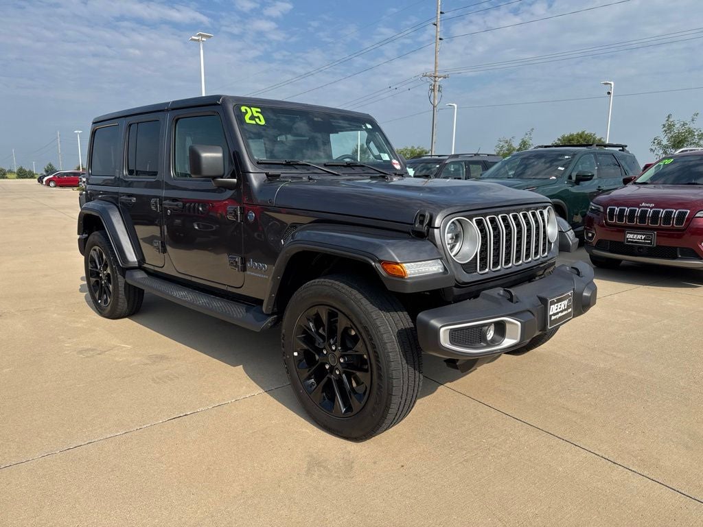 2025 Jeep Wrangler 4xe Sahara 4xe in Granite Crystal Metallic Clearcoat — front three-quarter view