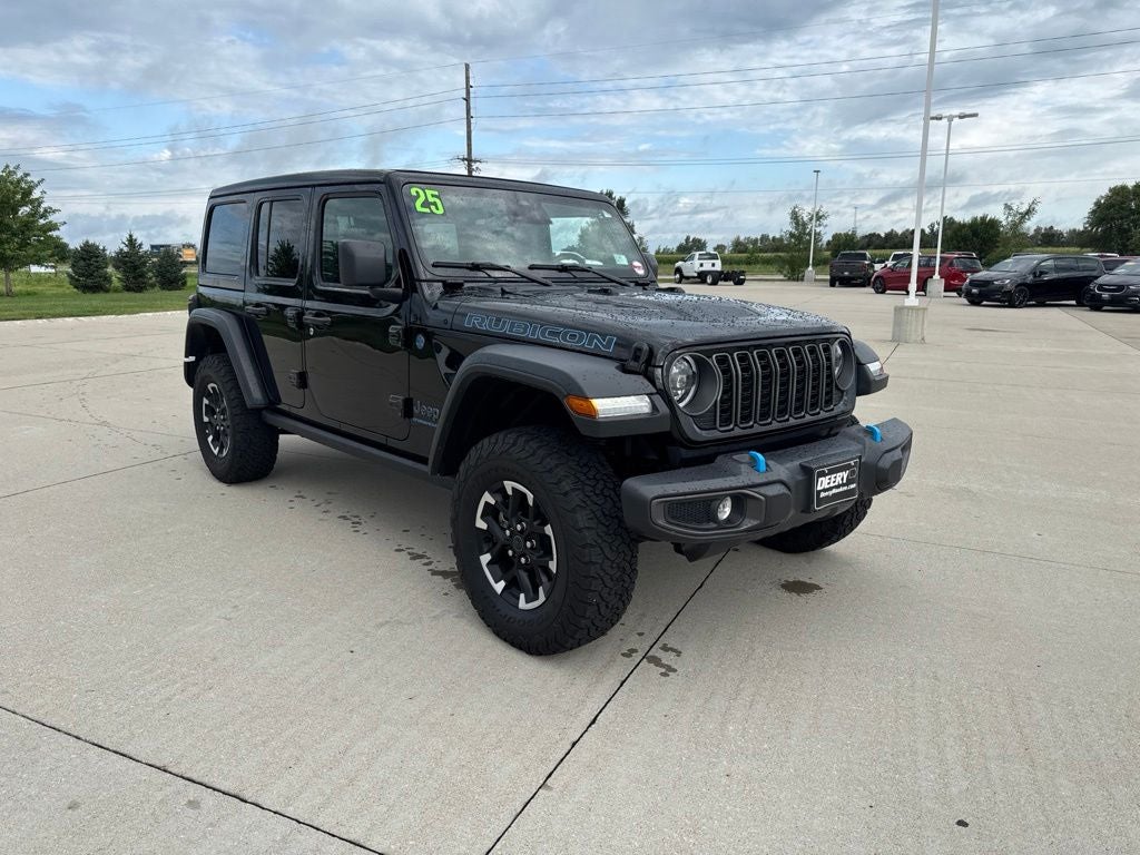 2025 Jeep Wrangler 4xe Rubicon 4xe in Black Clearcoat — front three-quarter view