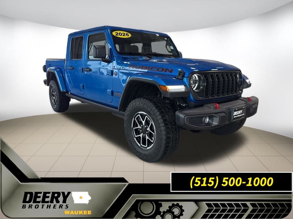 2026 Jeep Gladiator GLADIATOR RUBICON 4X4 in Hydro Blue Pearl-Coat Exterior Paint — front three-quarter view