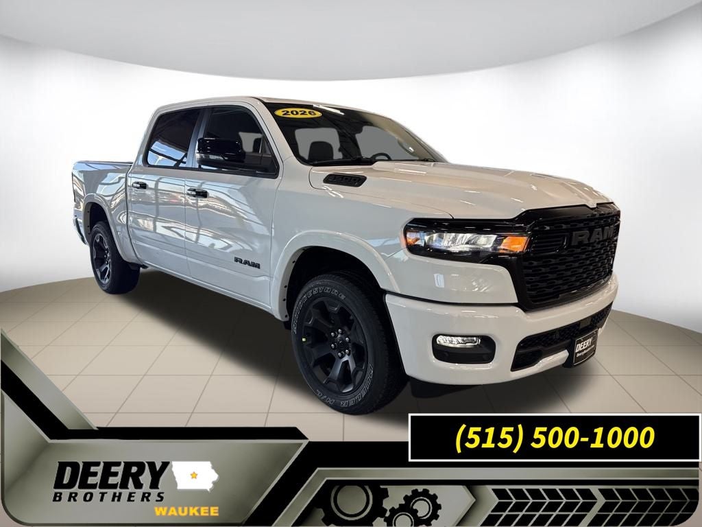2026 RAM Ram 1500 RAM 1500 BIG HORN CREW CAB 4X4 5'7' BOX in Bright White Clear-Coat Exterior Paint — front three-quarter view