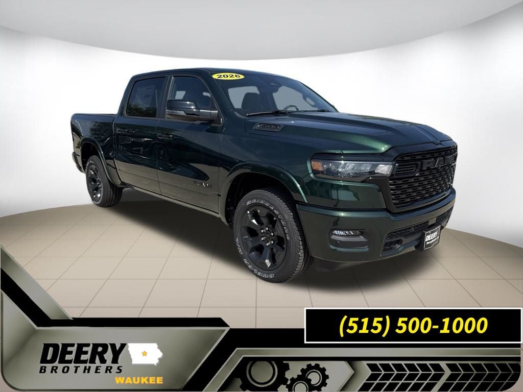 2026 RAM Ram 1500 RAM 1500 BIG HORN CREW CAB 4X4 5'7' BOX in Serrano-Green Metallic Exterior Paint — front three-quarter view