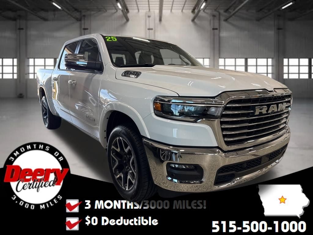 2025 RAM 1500 Laramie Crew Cab 4x4 5'7' Box in Bright White Clearcoat — front three-quarter view