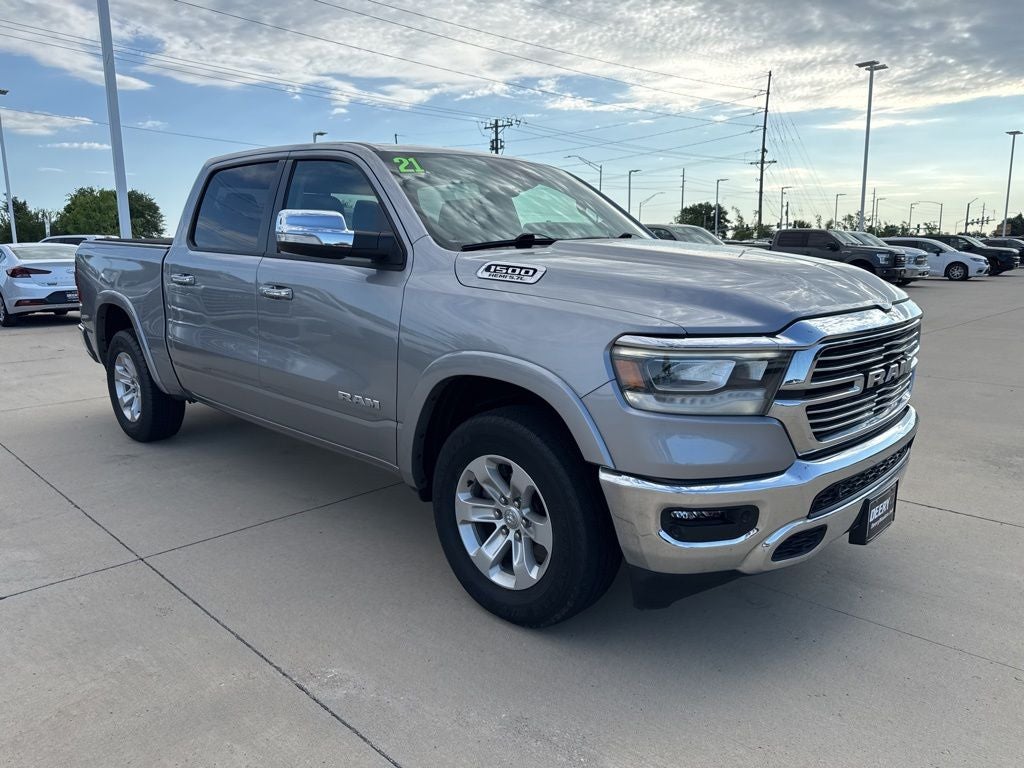 2021 RAM 1500 Laramie Crew Cab 4x4 5'7' Box in Billet Silver Metallic Clearcoat — front three-quarter view