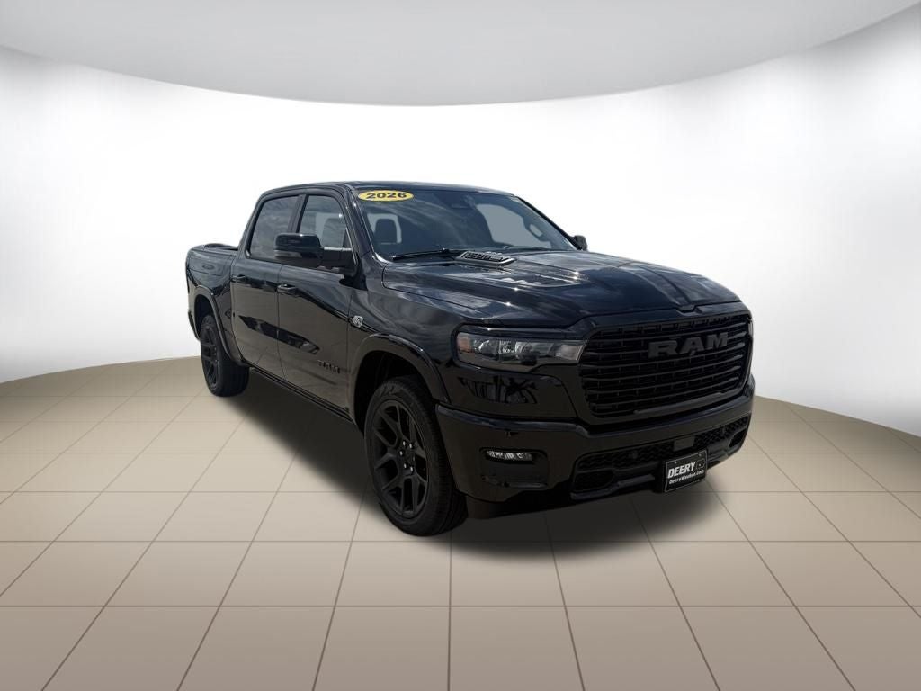 2026 RAM 1500 Laramie in Diamond Black Crystal Pearlcoat — front three-quarter view