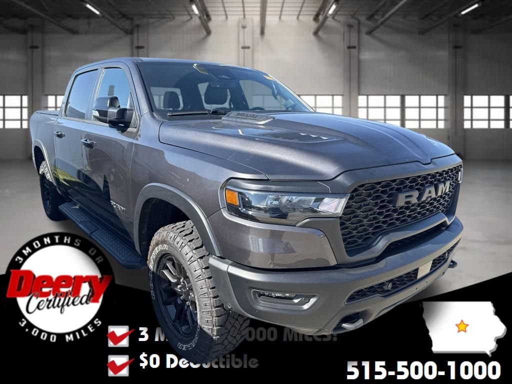 2026 RAM 1500 Rebel Crew Cab 4x4 5'7' Box in Granite Crystal Metallic Clearcoat — front three-quarter view
