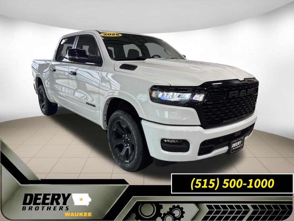 2026 RAM Ram 1500 RAM 1500 BIG HORN CREW CAB 4X4 5'7' BOX in Bright White Clear-Coat Exterior Paint — front three-quarter view