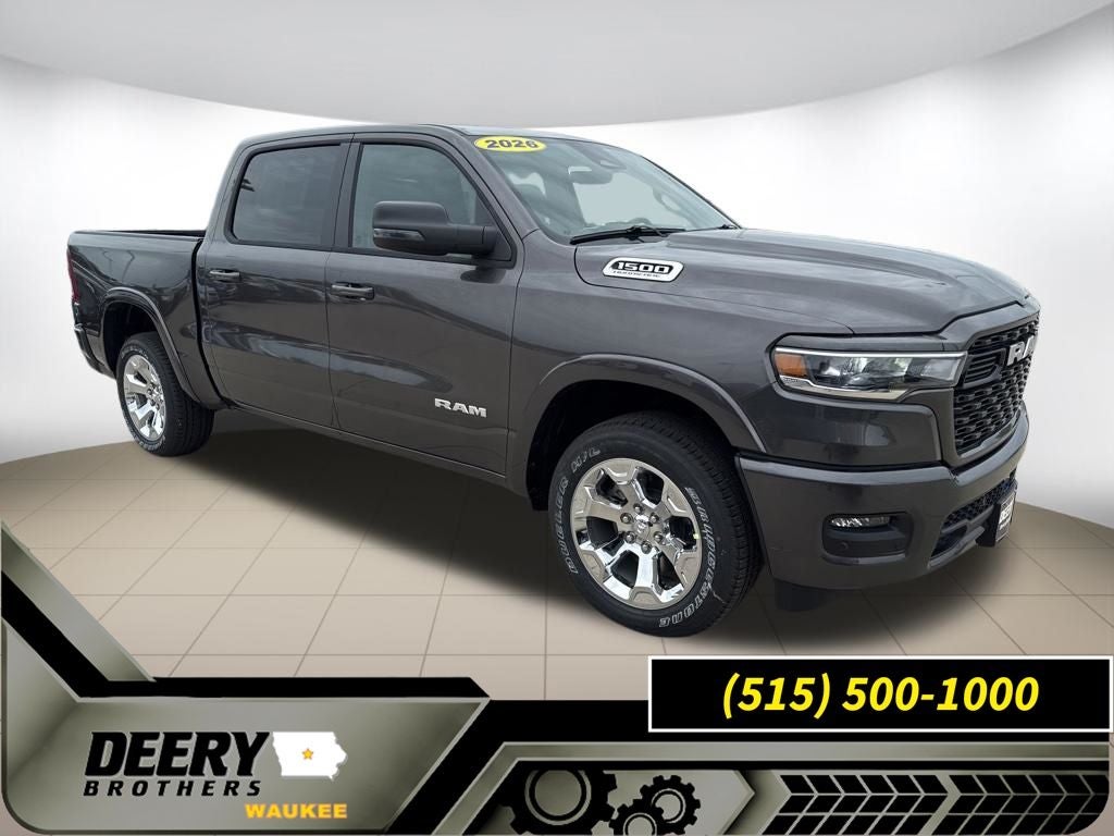 2026 RAM Ram 1500 RAM 1500 BIG HORN CREW CAB 4X4 5'7' BOX in Granite Crystal Metallic Clear-Coat Exterior Paint — front three-quarter view